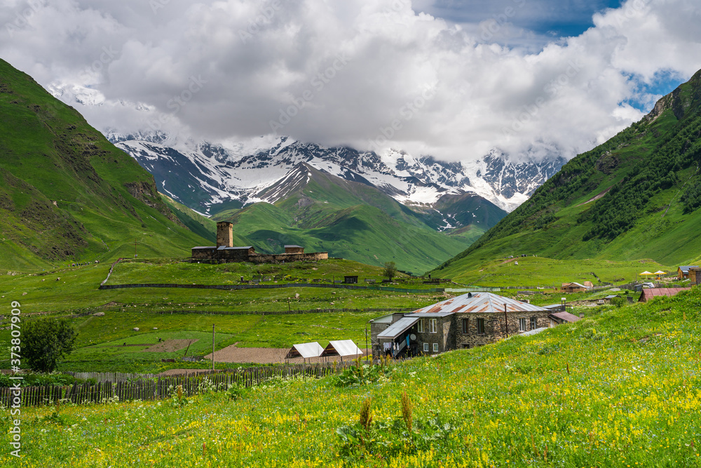 Ushguli village, highest sattlement in Europe in summer season surrounded by Caucasus mountains range, Svaneti region in Georgia country