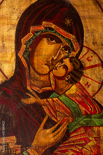 Obraz na plátně Icon painted in the byzantine or orthodox style depicting the Virgin Mary and Jesus