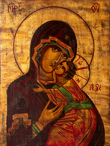 Fototapeta Icon painted in the byzantine or orthodox style depicting the Virgin Mary and Jesus