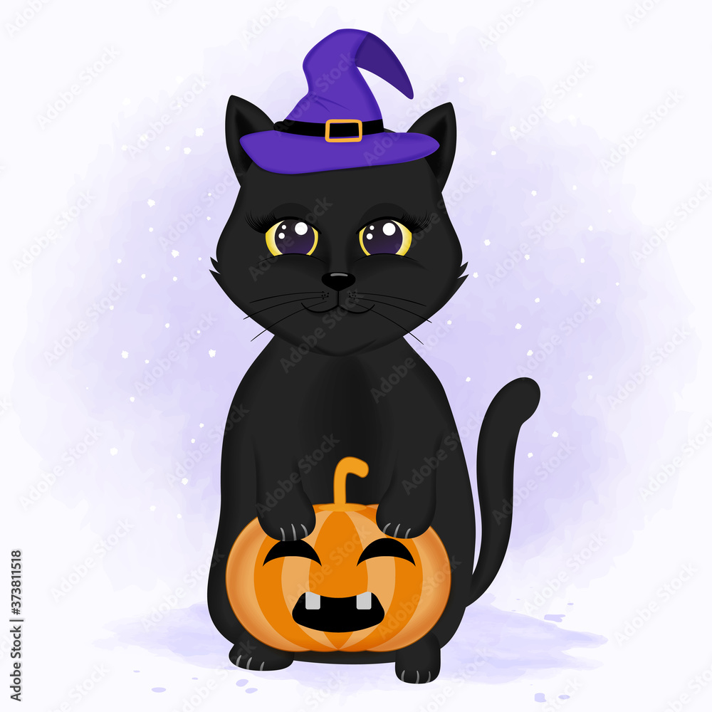 Cute cat and pumpkin hand drawn cartoon animal Halloween illustration Cute cat and pumpkin hand drawn cartoon animal Halloween illustration