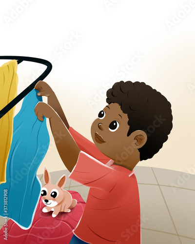 illustration of black boy drying
  clothes. for children's books