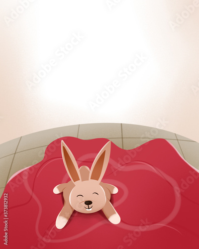 illustration of a brown rabbit lying on the red carpet on the floor. for children's books