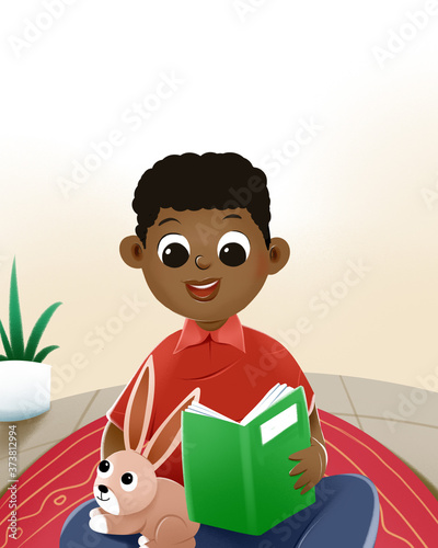 illustration of a black boy reading a book with a rabbit. children's books