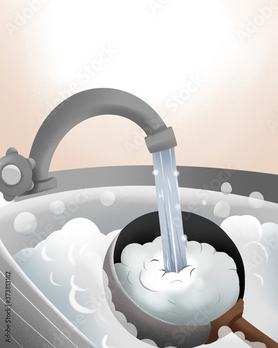 illustration of the activity of washing the pot on the water tap. children's books