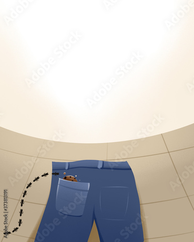 illustration of blue jeans where ants have food in their pockets. Children's books