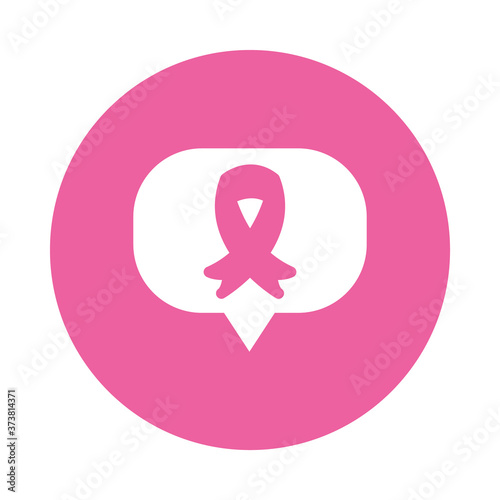 speech bubble with breast cancer ribbon icon, block style