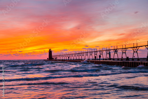 South Haven Lighthouse at sunset, South Haven, Michigan.