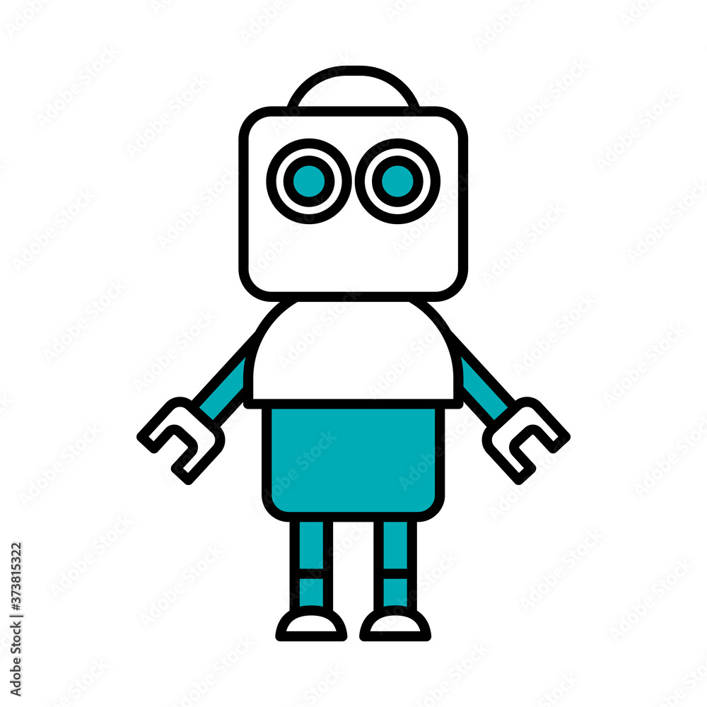 robotics concept, cute robot standing icon, half line half color style
