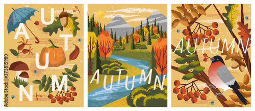 Autumn mood. Vector set of hand drawn illustrations. Fall season posters  Bullfinch bird on a tree  nature autumn landscape with river and forest