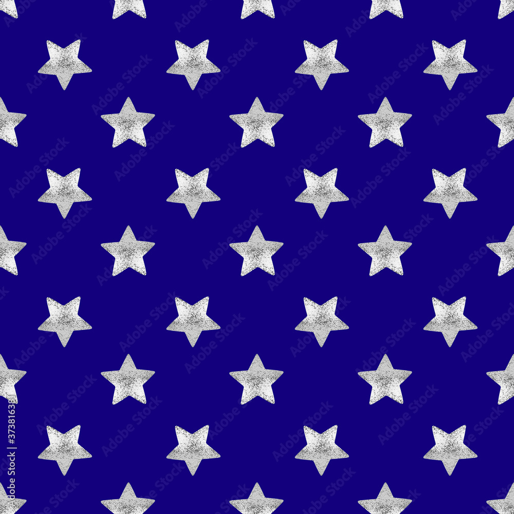 Seamless pattern of silver stars on blue background isolated, decorative shiny stars repeating ornament, bright glittering Сhristmas starry decoration backdrop, New Year wallpaper, holiday texture Seamless pattern of silver stars on blue background isolated, decorative shiny stars repeating ornament, bright glittering Сhristmas starry decoration backdrop, New Year wallpaper, holiday texture
