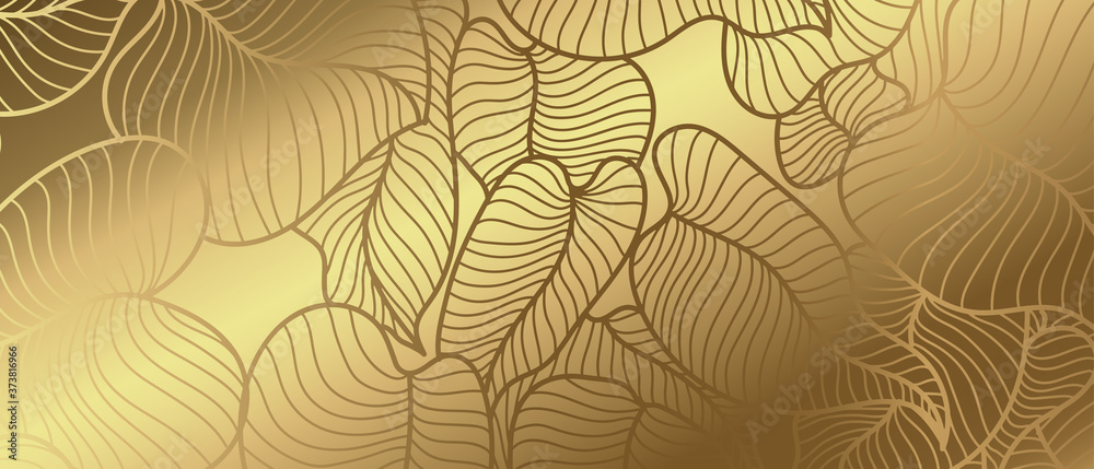 Golden leaf botanical modern art deco wallpaper background vector. Line arts background design for interior design, vector arts, fashion textile patterns, textures, posters, wrappers, gifts etc.