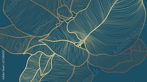 Golden monstera leaf botanical modern art deco wallpaper background vector. Line arts background design for interior design, vector arts, fashion textile patterns, textures, posters, wrappers, etc.