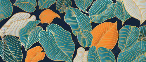 Golden monstera leaf botanical modern art deco wallpaper background vector. Line arts background design for interior design, vector arts, fashion textile patterns, textures, posters, wrappers, etc.