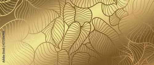 Golden leaf botanical modern art deco wallpaper background vector. Line arts background design for interior design, vector arts, fashion textile patterns, textures, posters, wrappers, gifts etc.