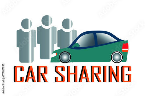 Car sharing service background. Short time Vehicle usage. Modern car and smartphone with app. Group of people sharing auto. Trendy style vector illustration