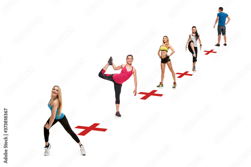 the concept of actions that can be performed together, physical distance during fitness classes. collage