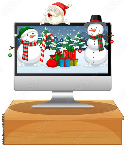 Computer with winter xmas theme desktop background