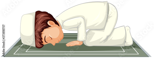 Arab muslim boy praying in traditional clothing isolated on white background
