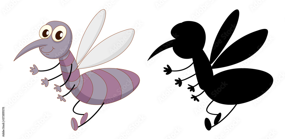 Set of insect cartoon character and its silhouette on white background Set of insect cartoon character and its silhouette on white background