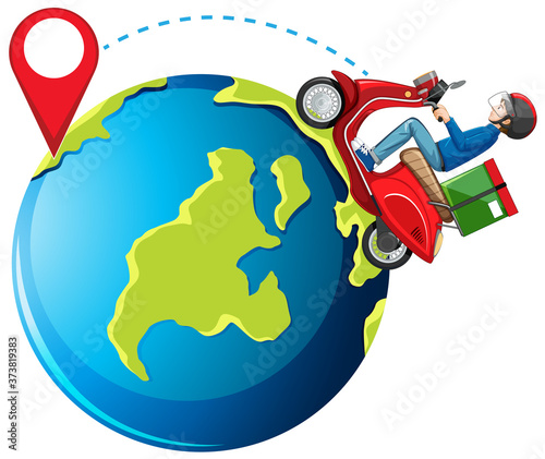 Bike man or delivery man and a pin on the earth
