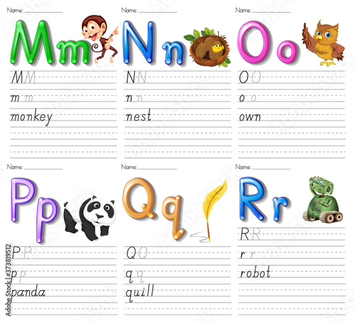 Set of alphabet worksheet on white paper