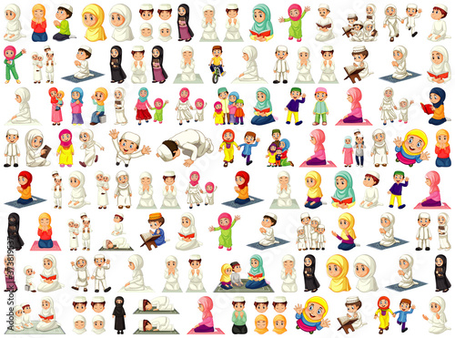Set of different muslim people cartoon character isolated on white background