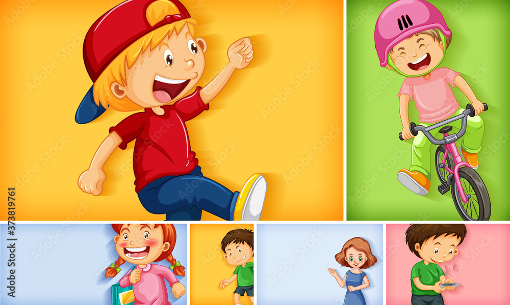Set of different kid characters on different color background Set of different kid characters on different color background