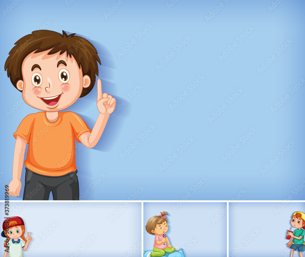 Set of different kid characters on blue color background Set of different kid characters on blue color background