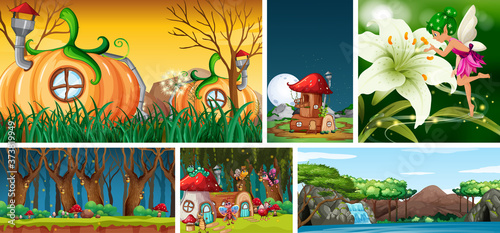 Six different scene of fantasy world with fantasy places and rainbow