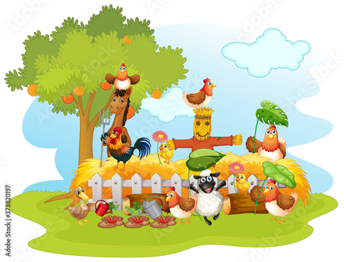 Group of domestic animals in a farm isolated