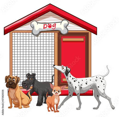 Dog cage with dog group cartoon isolated