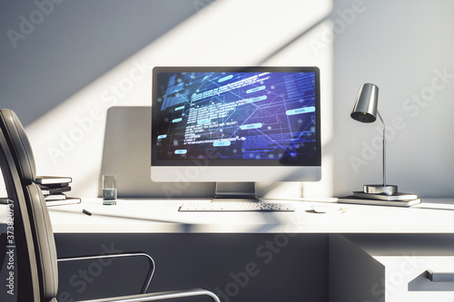 Modern computer screen with abstract graphic coding sketch, big data and networking concept. 3D Rendering