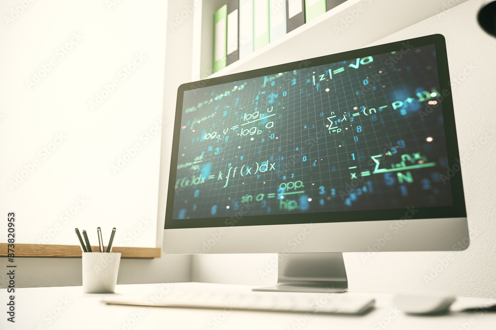 Modern computer monitor with creative scientific formula concept, research and development concept. 3D Rendering Modern computer monitor with creative scientific formula concept, research and development concept. 3D Rendering