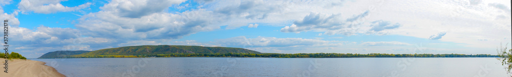 Panorama of the Big Volga river in front of the Zhiguli mountains