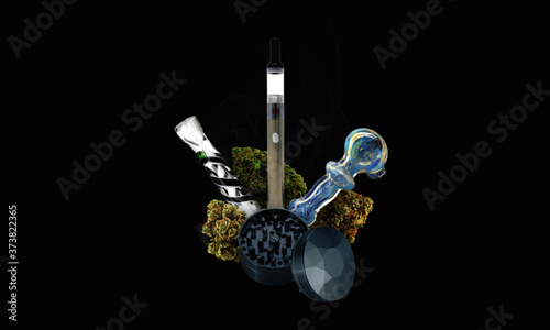 Smoke and pipe, collage, with hemp buds and vape pen and grinder.