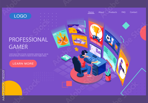 Professional gamer vector illustration. E sport player. Man sitting at a desk with computer playing the game. Cyber sport. Depicting scenes of various online game applications on lilac background