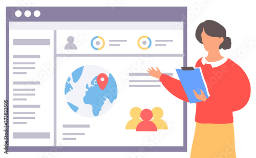 Worker woman holding clipboard show website with navigation and personal page. Co-worker, coder, programmer or admin present new site with social network, person avatars, world statistic, web icons