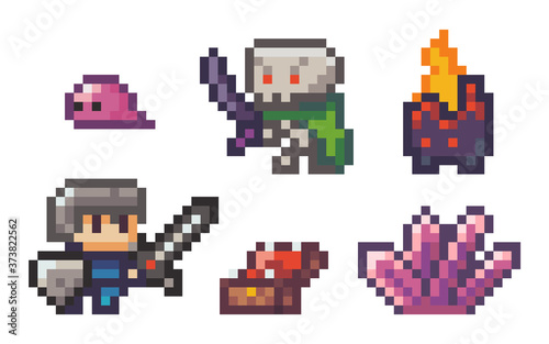 Icons set of crystal, chest, fireplace, hero, alien, monster. Illustration of pixel art isolated on white. Object symbols to use in a computer game, websites. Minimalistic pixel graphic object design