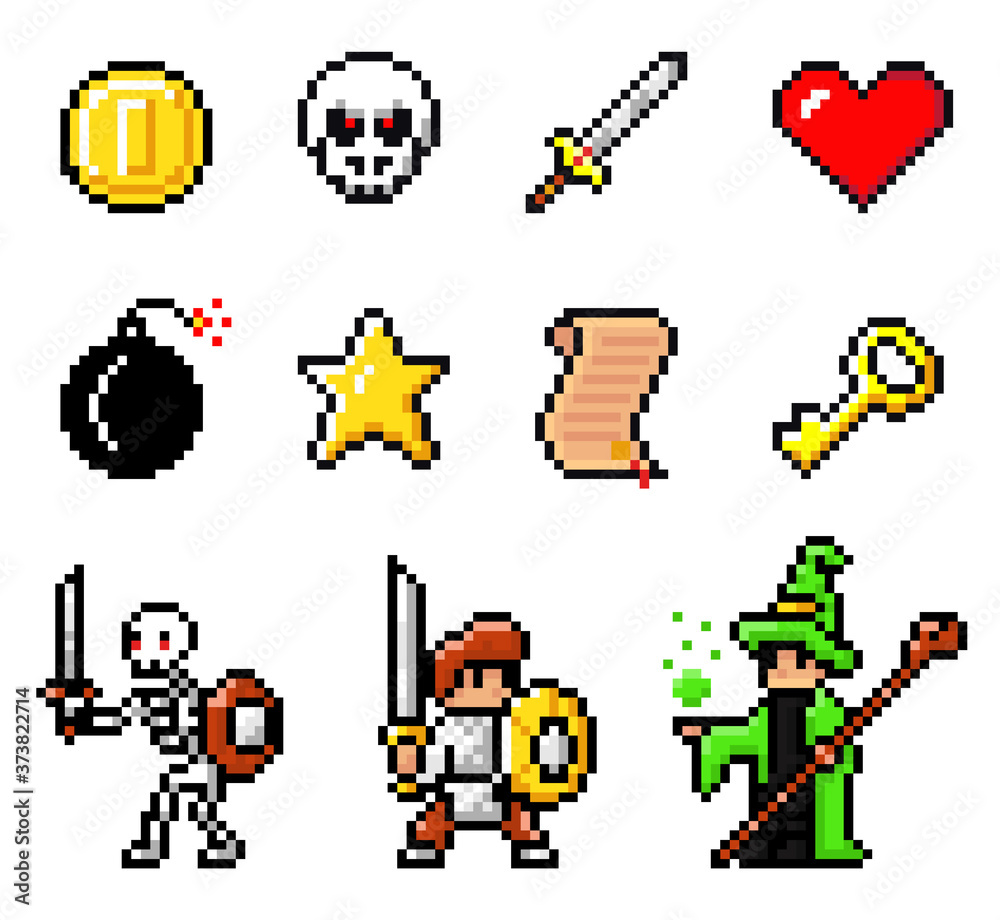 Vecteur Stock Set of coin, monster head, sword, heart, bomb, star, scroll,  key, skeleton, knight with swords and shields, wizard portrait. Pixel  elements, heroes 8bit objects. Videogame of 80s isolated at white