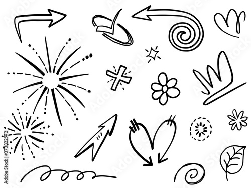 Abstract arrows, ribbons, hearts, stars, crowns and other elements in a hand drawn style for concept designs. Scribble illustration. Vector illustration.