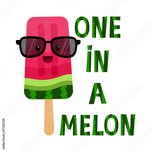 Watermelon ice cream vector icon in kawaii style with phrase. Frozen popsicle illustration. Cartoon sweet dessert. Isolated on a white background. For the design of postcards, prints on clothes, bags.