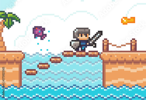 Pixel game interface, elements. 80s graphic. Hero or personage of mobile 8bit game. Pixelated knight with sword overcoming monster fish, walking through water to key. Adventure game, 2d texture