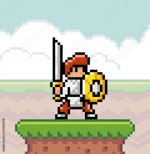 Pixel game interface, element. 80s graphic. Hero or personage, character of mobile 8 bit game, videogame. Pixelated knight with sword and shield at grass outoodrs. Adventure game, 2d texture
