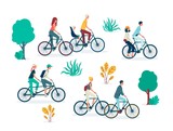 People cartoon characters riding bicycles flat vector illustration isolated.