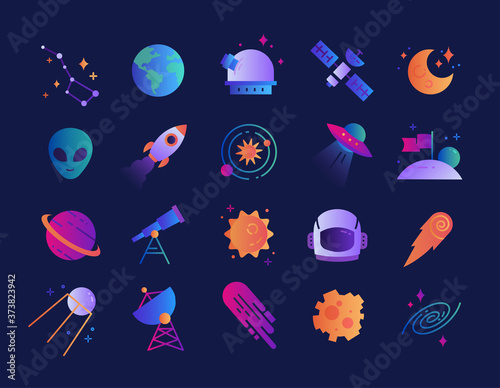 Vibrant set of cartoon space icons with rockets, planet, aliens, shooting stars, satellite and spaceships, colored vector illustration