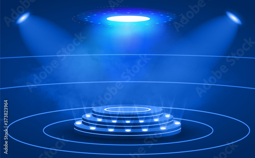 Empty circular podium illuminated by blue spot lights in a concept of winning and achievement, colored vector illustration