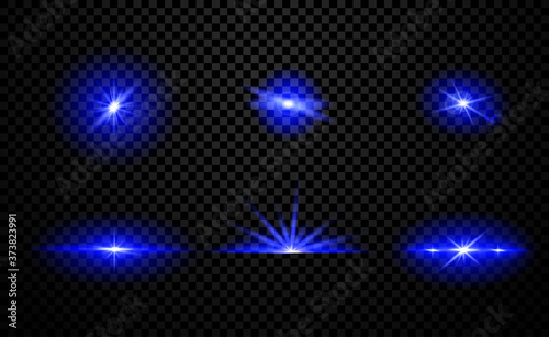 Collection of six different blue light effects with beams and bursts for design elements over a transparent black background, colored vector illustration
