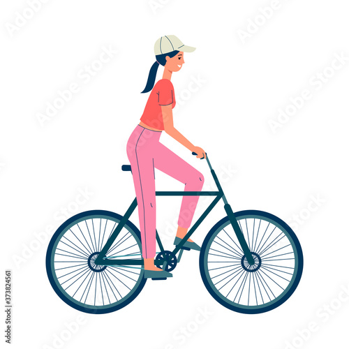 Cartoon girl riding a bicycle and smiling - side view of young woman on a bike
