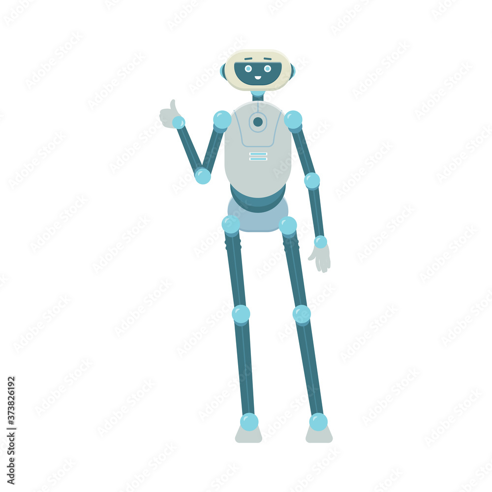 Robot cyborg cartoon character greeting flat vector illustration isolated.