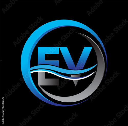 initial letter logo EV company name blue and grey color on circle and swoosh design. vector logotype for business and company identity.